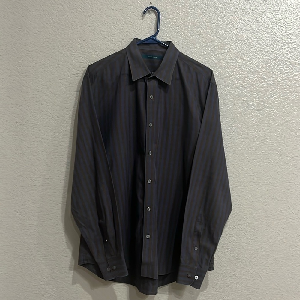 Perry Ellis Men's Button Down Dress Shirt Brown Blue Long Sleeve Size L TC0672